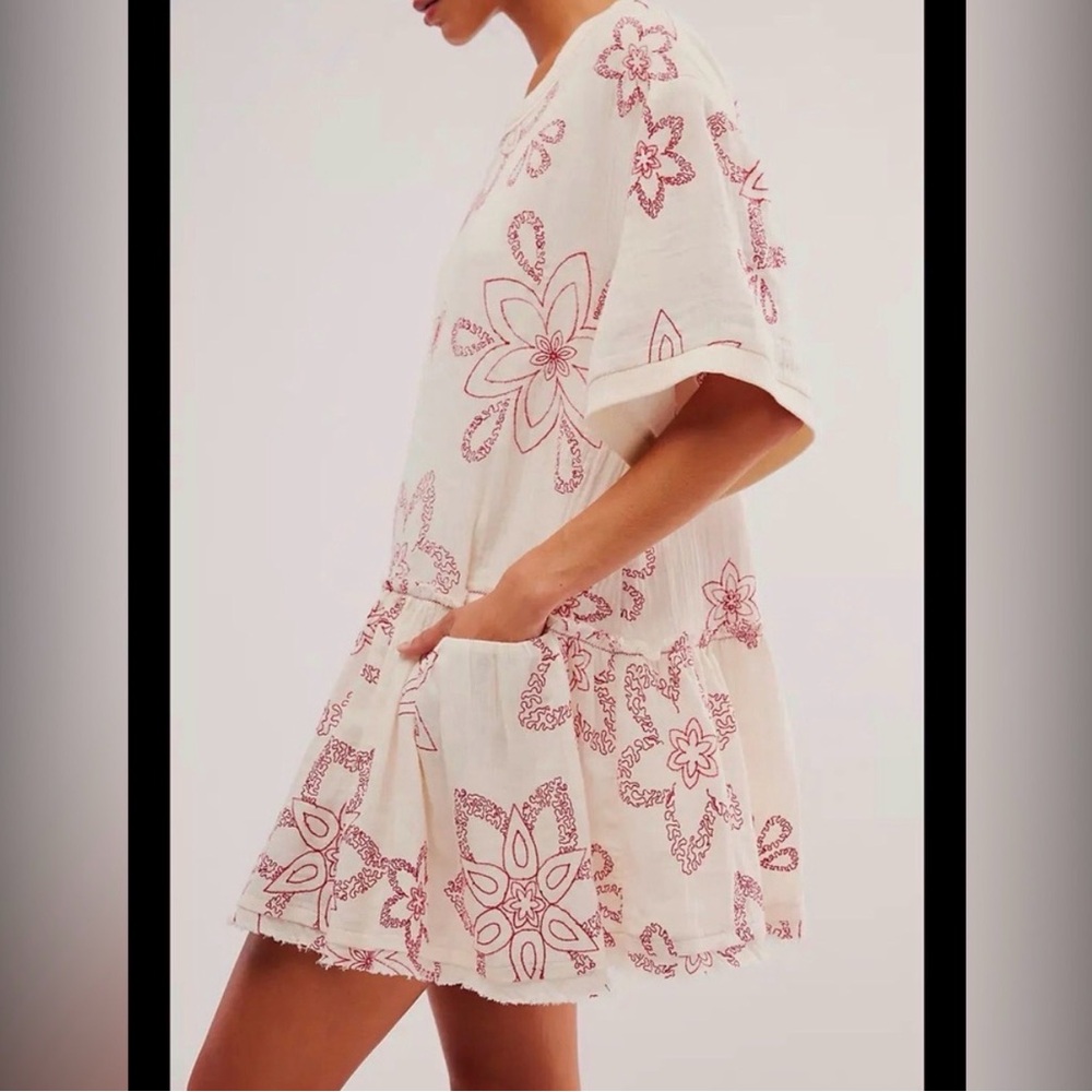 Free People Picking Petals Mini Dress Ivory Red Embroidered XS Boho